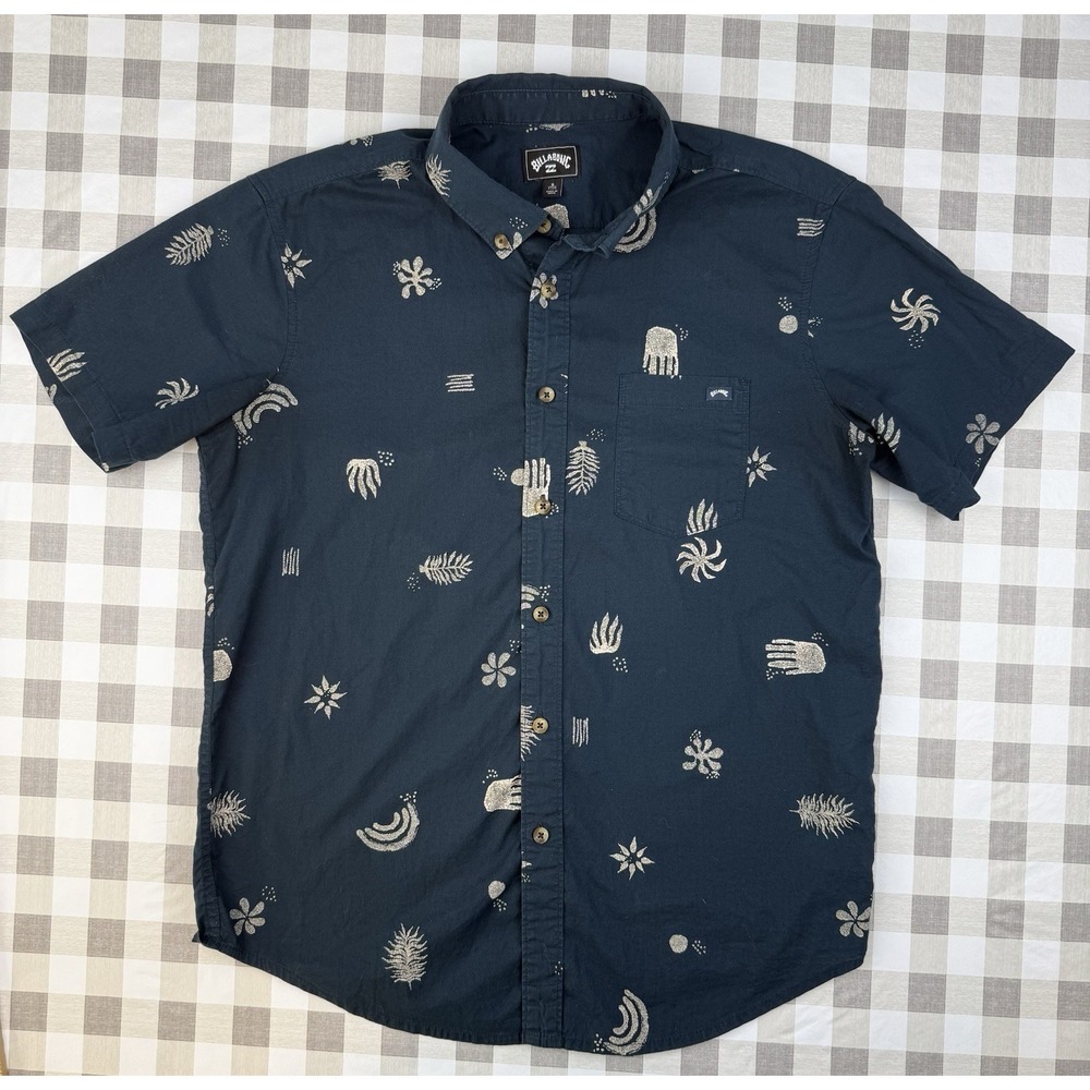 Coastal Beach Button Up Shirt Billabong Short Sleeve Blue Print Mens Small